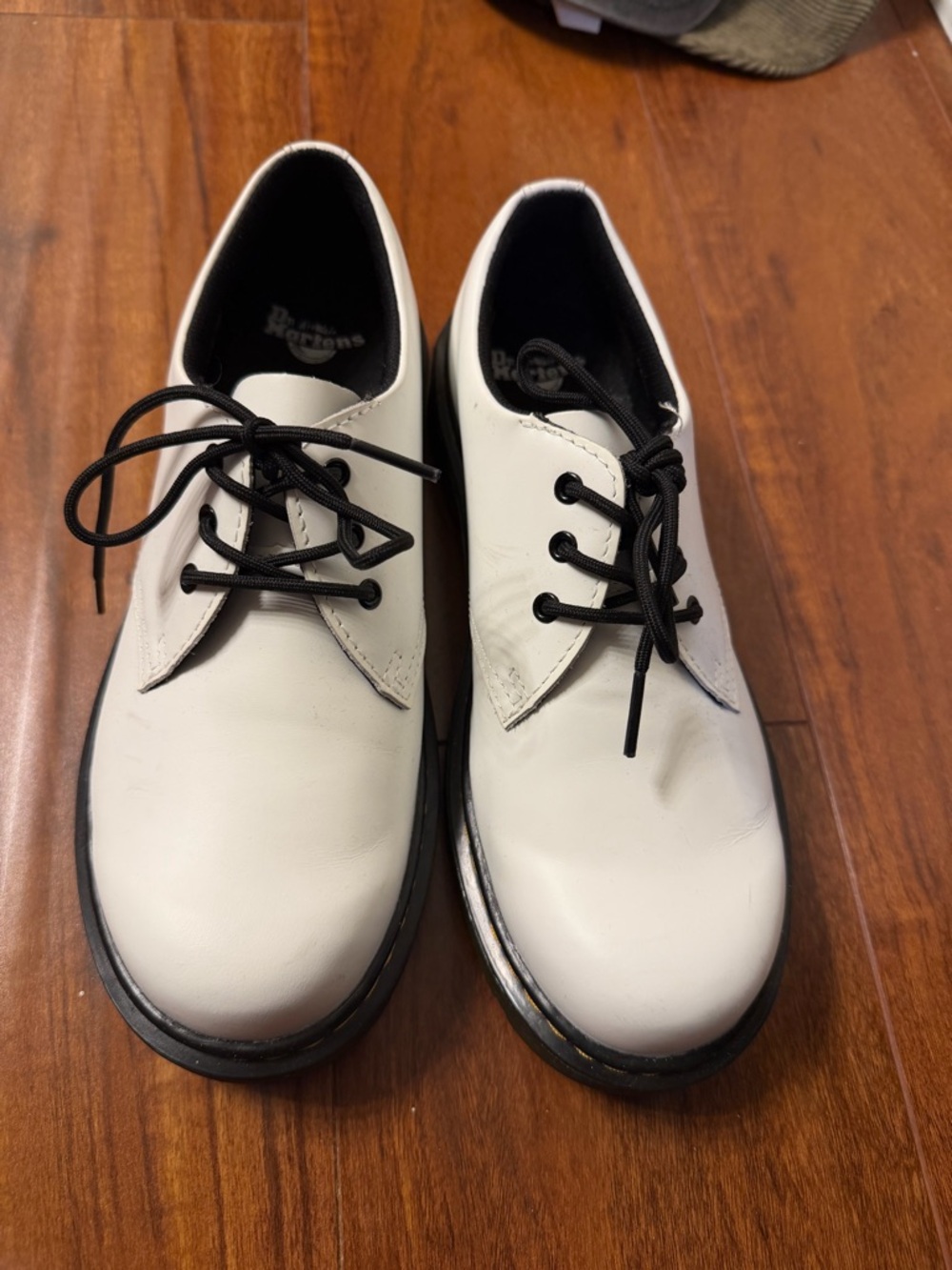 Dr. Martens White Leather Lace-Up Oxfords with Black Soles